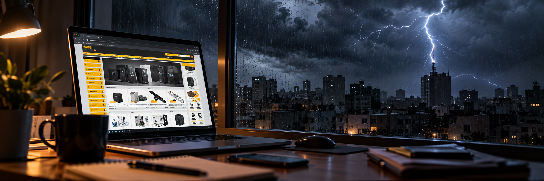 Oficina de noche bajo una tormenta