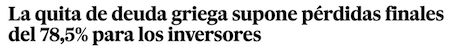 La quitaa de deuda griega supone pérdidas finales del 78,5% para los inversores